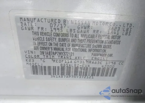 2017 Nissan Sentra S z USA, uszkodzony, nr VIN 3N1AB7AP7HY372121